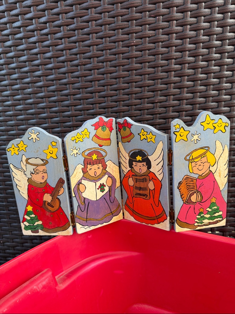 Wooden Folding Angels Holiday Panel - Handpainted Red, Purple, Pink, Cream